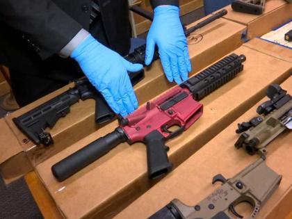 Ghost guns are displayed at the headquarters of the San Francisco Police Department, in San Francisco, California.