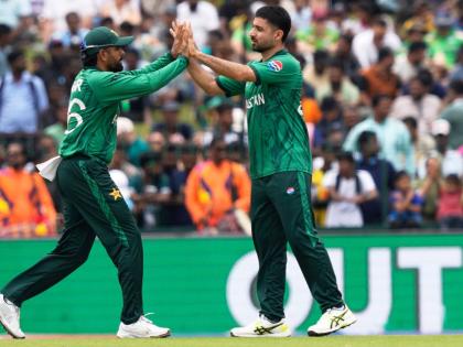 Pakistan’s Abrar Ahmed (right) and teammate Babar Azam celebrate the wicket of Netherlands’ captain Scott Edwards during a T20 World Cup cricket match in Colombo, Sri Lanka on Saturday.