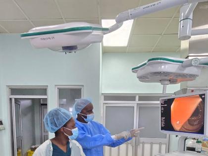 Surgical Consultant Dr Andrew Joseph’s (right) guides General Surgeon Dr Karen Colley during the hospital’s first colonoscopy procedure recently. 

