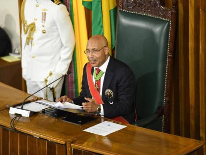 Governor General Sir Patrick Allen delivering the Throne Speech at the opening of the 2026/2027 parliamentary year at Gordon House on February 12.