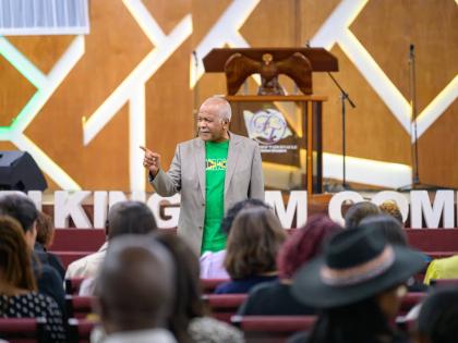 Reverend Al Miller, senior pastor at Fellowship Tabernacle in Kingston, addresses the congregation at the recent Reggae Month launch.