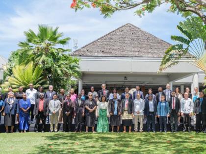 Law ministers of the member states pose for a photo at the Commonwealth Law Ministers meeting in Fiji.