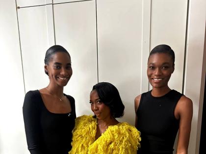 Legendary Jamaican sprinter and ‘Mommy Rocket’, Shelly-Ann Fraser-Pryce went backstage at Sunday’s Diotima show to greet SAINT International models Tami Williams (left) and Naki Depass.