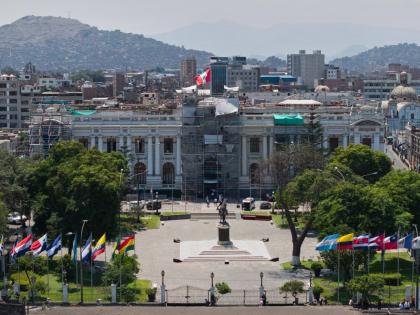 The Congress building stands the day before lawmakers debate the removal of the nation's president in Lima, Peru, Monday, February 16, 2026. (AP Photo/Guadalupe Pardo)