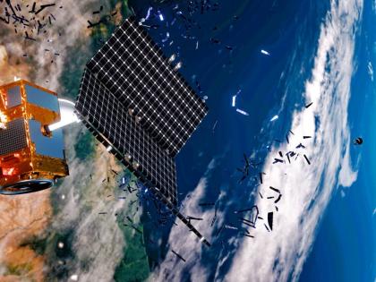 
Illustration of a satellite breaking up into multiple pieces at higher altitudes.