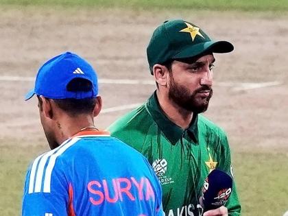 India’s captain Suryakumar Yadav (left) and Pakistan’s captain Salman Ali Agha walk past each other after the coin toss of the T20 World Cup cricket match in Colombo, Sri Lanka on February 15.