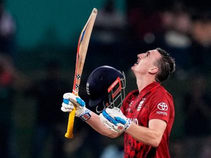 England’s captain Harry Brook celebrates scoring a century during the T20 World Cup cricket match against Pakistan in Pallekele, Sri Lanka yesterday.