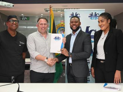 From left: Germaine Spencer, president of Montego Bay United, Yoni Epstein, Montego Bay Multi-Sports Development Ltd (MBMSDL) boss, Mayor Richard Vernon, chairman of St. James Municipal Corporation (StJMC); and Naudia Croskill, CEO StJMC during the officia