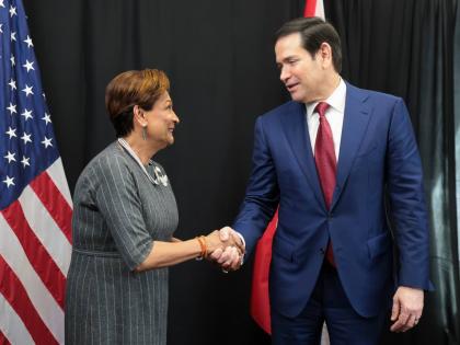 United States Secretary of State Marco Rubio meets with Trinidad and Tobago Prime Minister Kamla Persad-Bissessar during the Caribbean Community (CARICOM) meeting in Basseterre, St Kitts and Nevis yesterday.