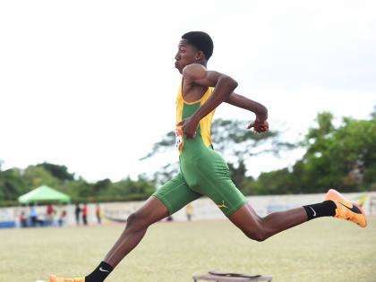St Jago High School’s Winaldo Faulknor on his way to winning the Class 2 boys’ triple jump in a new meet record 14.00 metres at the ISSA Central Athletics Championships at G.C. Foster College yesterday.