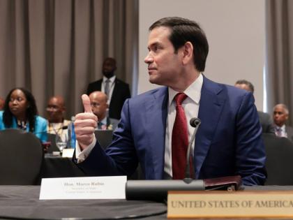 US Secretary of State Marco Rubio gives a thumbs up during the CARICOM plenary session in Basseterre, Saint Kitts and Nevis.