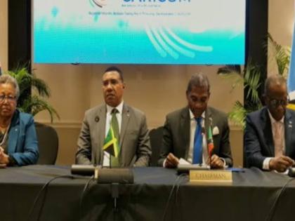 CARICOM Chairman and St Kitts and Nevis Prime Minister Dr. Terrance Drew, second from right, flanked by St Lucia’s Prime Minister Phillip J Pierre, Jamaica’s Prime Minister Dr Andrew Holness and CARICOM Secretary General Dr Carla Barnett at an end-out-