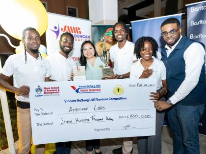From left: Raheem Williams, head of AI & Learning System; Damion Henry, head of technical development; Akeem Hutchinson, CEO & head of product strategy; Simone HoSang, representing the Vincent HoSang family; Vanessa Andrews, head of student learning scienc