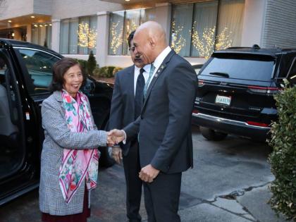  Jamaica’s Ambassador to the United States, Major General (Ret’d) Antony Anderson greets Patricia ‘Miss Pat’ Chin, co-founder of VP Records, as she arrives at the Embassy of Jamaica prior to her been honoured for her contribution to Jamaica’s mus