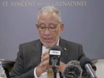 St Vincent Prime Minister Dr Godwin Friday speaking at news conference on March 3, 2026.