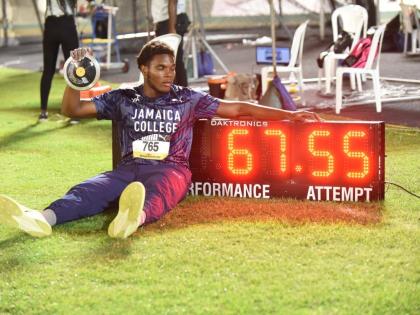 Joseph Salmon of Jamaica College celebrates after breaking the boys’ Class One discus record twice and winning gold at the 2026 ISSA/GraceKennedy Boys’ and Girls’ Athletics Championships at the National Stadium.