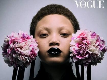 With a focus on the spring/summer couture designer collections unveiled in Paris back in January, the new ‘Vogue Korea’ editorial spotlights SAINT’s Sanique Dill in a black mesh dress and floral earpiece by Dior Haute Couture.