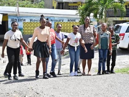 Nicola McCarthy (third right), grade-six teacher with her students back in school at the Mount Fletcher Primary in Mavis Bank, rural St Andrew, last November after Hurricane Melissa.