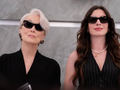 This image released by 20th Century Studios shows Meryl Streep (left) as Miranda Priestly, alongside Anne Hathaway as Andy Sachs, in a scene from ‘The Devil Wears Prada 2’.