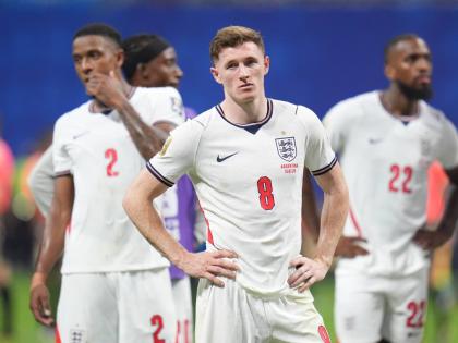 From left: England’s Ezri Konsa, Elliot Anderson, and Ivan Toney paint dejected figures at the end of the World Cup semi-final football match against Argentina in Atlanta, Wednesday, July 15.