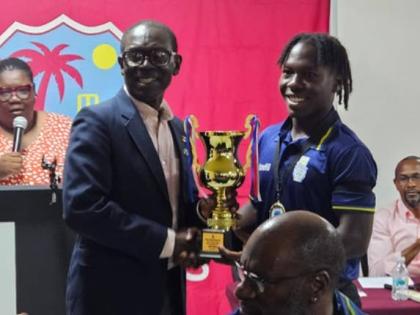 Barbados captain Gadson Bowens (right) took home the award for Most Runs in the just concluded CWI Rising Stars Under-19 Men’s 50-over Championship.