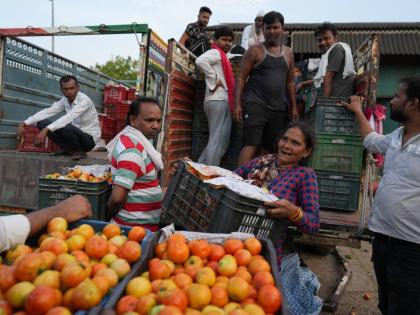 Munni Devi unloads tomatoes from a truck at a vegetable market in the early morning during a heat wave in Banda, northern Indian state of Uttar Pradesh, on Saturday, June 20.