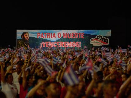 A billboard depicting the late leader Fidel Castro and reading ‘Homeland or death, we will defeat!’ in Pinar del Rio, Cuba.