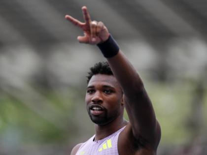 Noah Lyles of the United States, gestures after finishing second in the men’s 100 metres at the Meeting de Paris Diamond League athletics meet in Paris, Sunday, June 28.