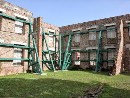 Façade of the remains of King’s House at Spanish Town Square.
