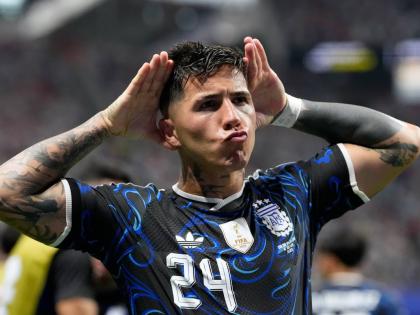 
Argentina’s Enzo Fernandez gestures to fans after scoring his side’s first goal during the World Cup semi-final football match against England in Atlanta on Wednesday, July 15.