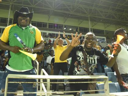 George Headley stand at Sabina Park erupt with celebrations after the Jamaica Kingsmen defeated the Trinibago Knight Riders to win their first match in the Republic Bank Caribbean Premier League on Saturday.