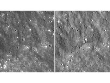 This combo made with photos provided by NASA on Tuesday, taken by the Lunar Reconnaissance Orbiter, shows before (left) and after images of a fresh crater on the moon created by a collision with a SpaceX rocket. 