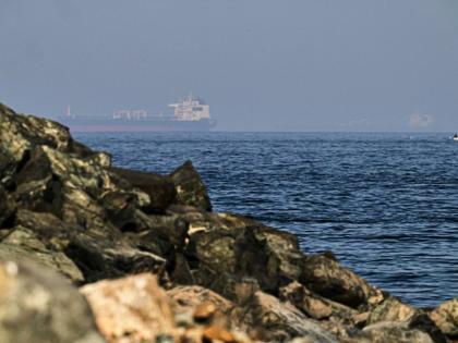 Cargo ships are seen at sea in the Gulf of Oman near the Strait of Hormuz, from a rocky shoreline near Khor Fakkan, United Arab Emirates, May 1, 2026.
