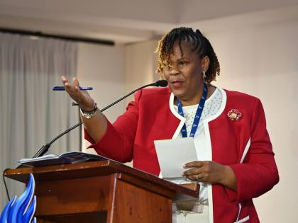 La Sonja Harrison, the newly installed president of the Jamaica Teachers’ Association, addresses the delegates at the third and final day of the association’s 62nd annual conference at the Ocean Coral Spring Hotel in Trelawny on Wednesday, August 19. H