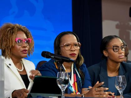 From left: Dr Dana Morris-Dixon, minister of education, skills, youth and information; Kasan Troupe, permanent secretary in the Ministry of Education, and Rhoda Moy Crawford, minister of state in the Ministry of Education, on the panel at the third and fin