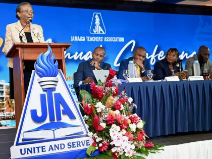 Helene Coley Nicholson addresses the Jamaica Teachers’ Association delegation during her keynote address at the association’s 62nd Annual Conference at Ocean Coral Spring in Trelawny.