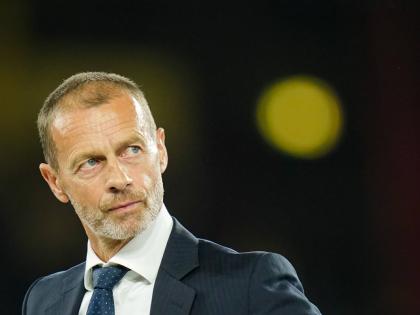 UEFA President Aleksander Ceferin looks on during the trophy ceremony at the end of the UEFA Super Cup soccer match between Paris Saint-Germain and Aston Villa in Salzburg, Austria, Wednesday, August12, 2026. 