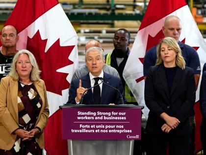 Minister of Finance and National Revenue Francois-Philippe Champagne speaks at a news conference on Canada’s response to US tariffs, at a roofing company in Ottawa on Tuesday.