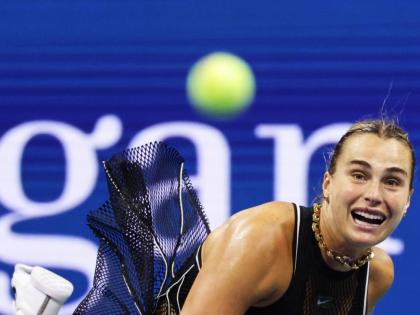 Aryna Sabalenka of Belarus serves to Polina Iatcenko of Russia, during the second round of the US Open tennis championships yesterday.