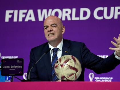   FIFA President Gianni Infantino gestures as he meets the media at the FIFA World Cup closing press conference in Doha, Qatar, Friday, December 16, 2022.  
