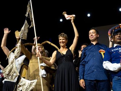 From left: Atlant Bieri, Pia Viviani and Marcel van der Heijden pose with the trophy during the Ig Nobel Prize ceremony held in the Zurich Convention Center in Zurich, Switzerland, last Thursday.