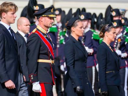 Members of Norway’s royal family (left) Prince Sverre Magnus, King Haakon VIII, Crown Princess Ingrid Alexandra and Princess Märtha Louise walk behind the coffin of King Harald V as it is carried from the Royal Palace to Oslo Cathedral in Oslo, Norway, 