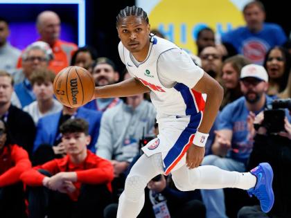 AP 
Detroit Pistons guard Ausar Thompson looks on during the first half in Game 5 of a first-round NBA basketball playoffs series against the Orlando Magic, April 29, in Detroit. 