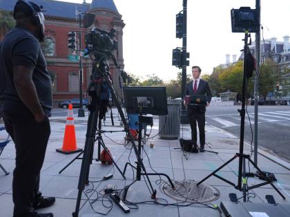 Vaughn Hillyard, White House correspondent for MS NOW, does a report near the White House in Washington on Monday. - AP photo