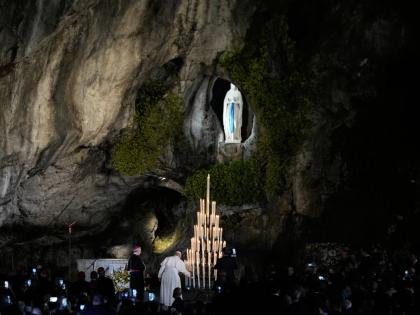 Pope Leo XIV arrives for a prayer at the Grotto of the Apparitions of Massabielle, in Lourdes, France, on Saturday.