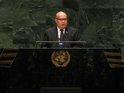 Tuvalu Prime Minister Feleti Teo speaks during the 81st session of the United Nations General Assembly at United Nations headquarters on Friday.