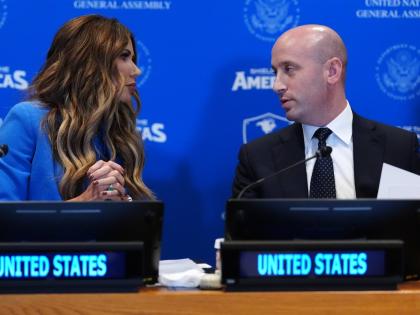 Kristi Noem, special envoy for the Shield of the Americas, talks with White House deputy chief of staff for policy Stephen Miller during a meeting of the multinational political and security coalition “Shield of the Americas” on the sidelines the Unite