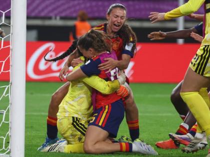 Spain’s players celebrate after their penalty shootout win over North Korea in the Women’s U20 World Cup final  match in Lodz, Poland yesterday.  