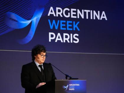 Argentina’s President Javier Milei delivers a statement at the Organisation for Economic Co-operation and Development (OECD) headquarters, ahead of the ‘’Argentina Week’’, an event aimed at promoting investment and business opportunities, in Pari