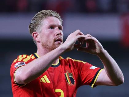 Belgium’s Kevin De Bruyne celebrates after scoring his side’s second goal during the Nations League  match between Belgium and Turkey in Liege, Belgium yesterday.